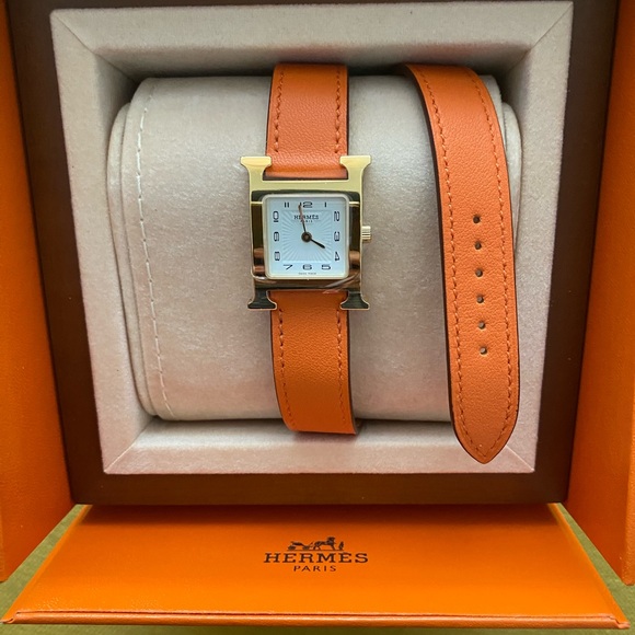 Hermes Heure H Mini Watch - Orange with Gold Face and Double-Length Strap - Picture 2 of 8